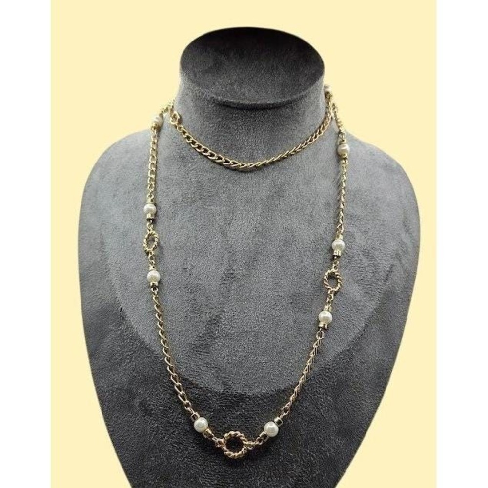 Necklace Vintage Gold Toned Faux Pearl Circle Opera Length 29"